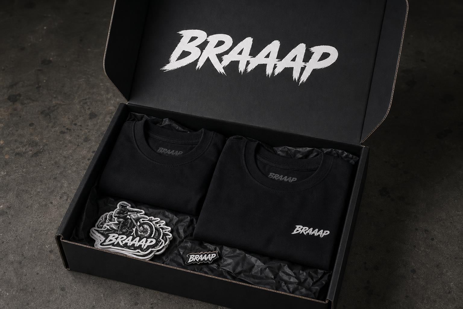BRAAAP merch box with folded tee, stickers and keychain